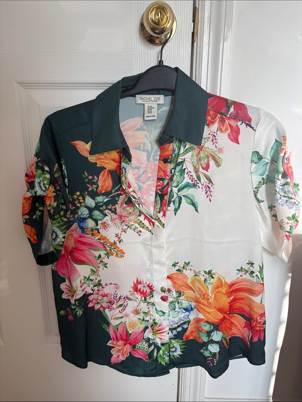 Rachel Zoe Floral Button-Up Blouse in Dark Green, White, Orange, Pink